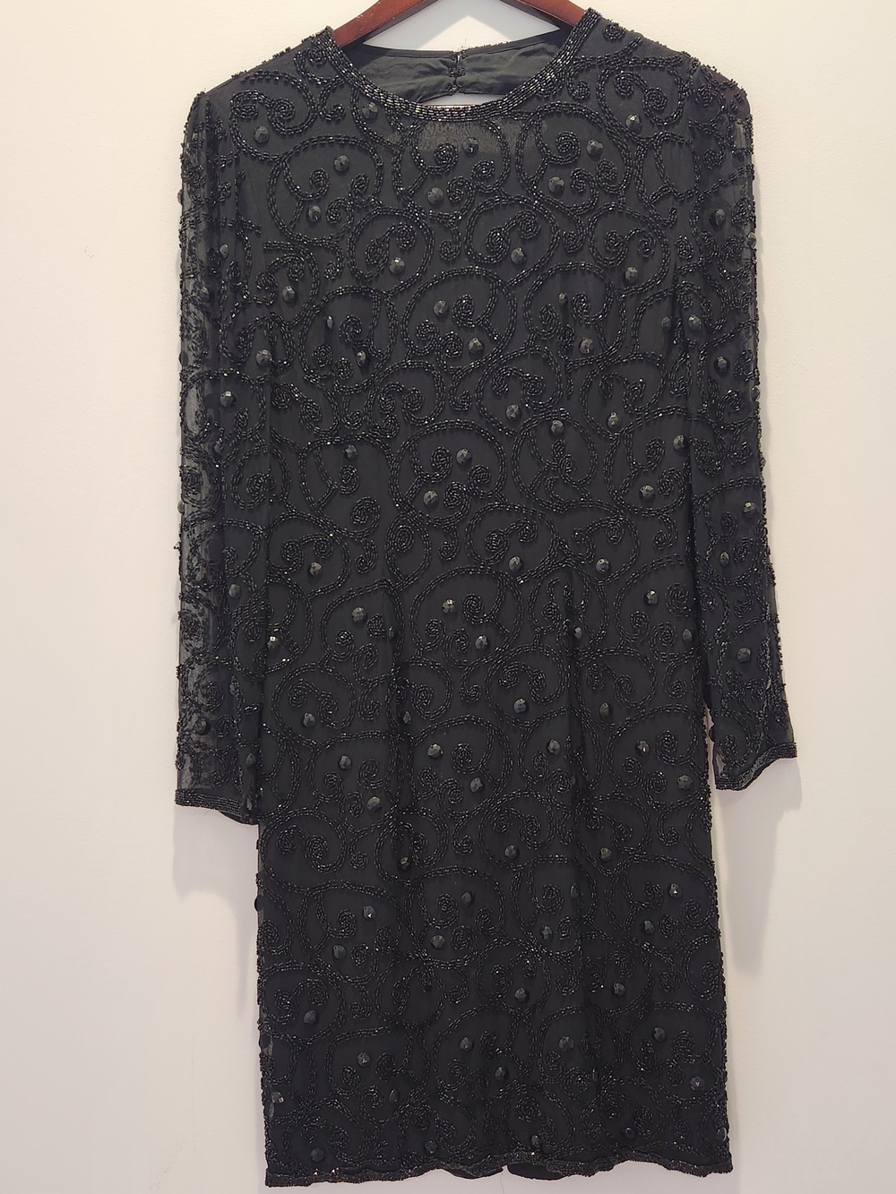 Vintage Joan Leslie Beaded Black Long Sleeve Evening Dress Keyhole Back